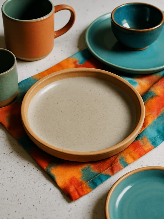 Okrągły ceramiczny talerz z nakrapianym szarym wnętrzem i terakotowym rantem leży na wzorzystej tkaninie tie-dye. Kolorowa aranżacja stołu obejmuje pomarańczowy kubek, zieloną czarkę oraz turkusowe naczynia na nakrapianym blacie.