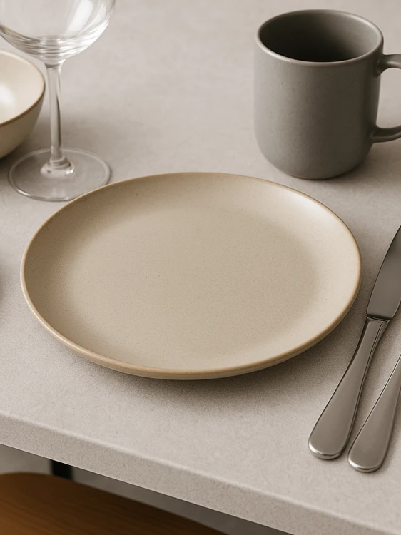Matowy, beżowy ceramiczny talerz leży pośrodku jasnoszarego blatu. Minimalistyczna aranżacja stołu obejmuje szary kubek, srebrne sztućce oraz pusty kieliszek.