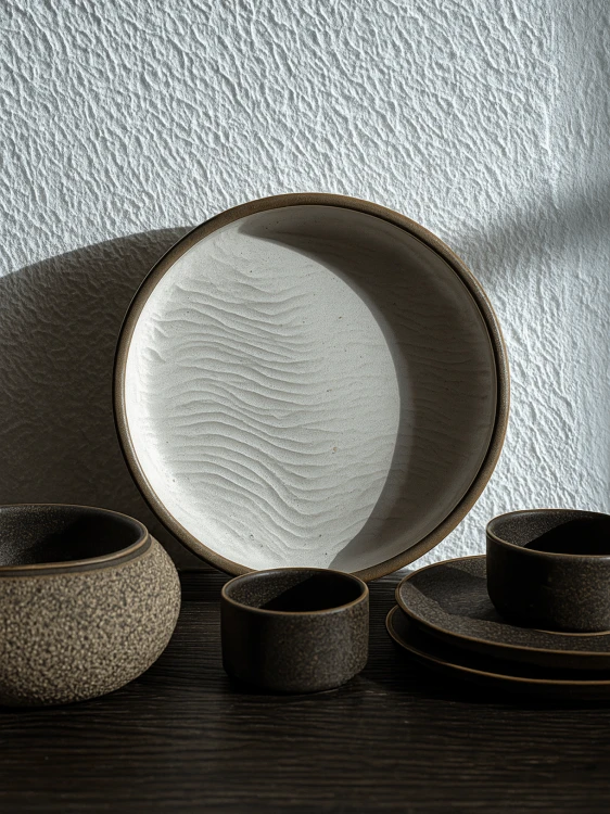 Duży ceramiczny talerz z pofalowanym, strukturalnym wzorem przypominającym piasek opiera się o białą, chropowatą ścianę. W mocnym świetle słonecznym otacza go dopasowany zestaw naczyń w ciemnobrązowym kolorze, w tym małe czarki, miska i spodki.