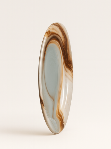 Okrągły ceramiczny talerz pokryty błyszczącym, marmurkowym szkliwem z zakręconymi wzorami w odcieniach brązu, ochry, bieli i jasnej szarości. Talerz jest zaprezentowany w pozycji pionowej pod lekkim kątem na jednolitym białym tle.