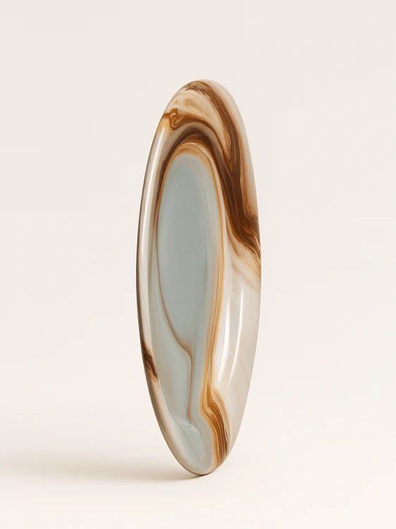 Okrągły ceramiczny talerz pokryty błyszczącym, marmurkowym szkliwem z zakręconymi wzorami w odcieniach brązu, ochry, bieli i jasnej szarości. Talerz jest zaprezentowany w pozycji pionowej pod lekkim kątem na jednolitym białym tle.