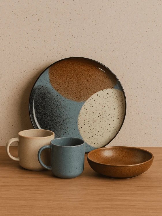 Zestaw ceramicznych naczyń o matowym, nakrapianym wykończeniu jest zaaranżowany na drewnianym blacie na tle strukturalnej beżowej ściany. Kolekcja obejmuje duży talerz dekoracyjny z abstrakcyjnym wzorem, brązową miskę, niebieski kubek oraz beżowy kubek.