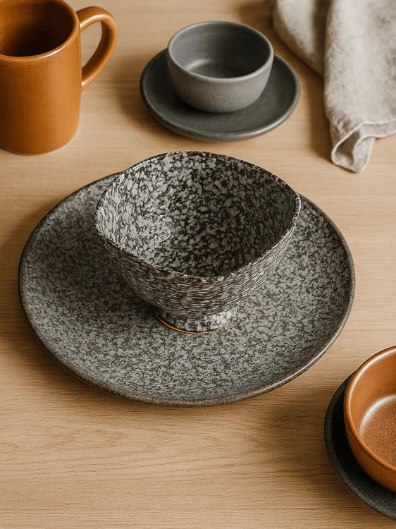 Ceramiczna miska o czarno-białej nakrapianej strukturze stoi na dopasowanym talerzu na drewnianym stole. Aranżacja w kolorach ziemi obejmuje ochrowy kubek, szarą czarkę ze spodkiem oraz lnianą serwetkę.