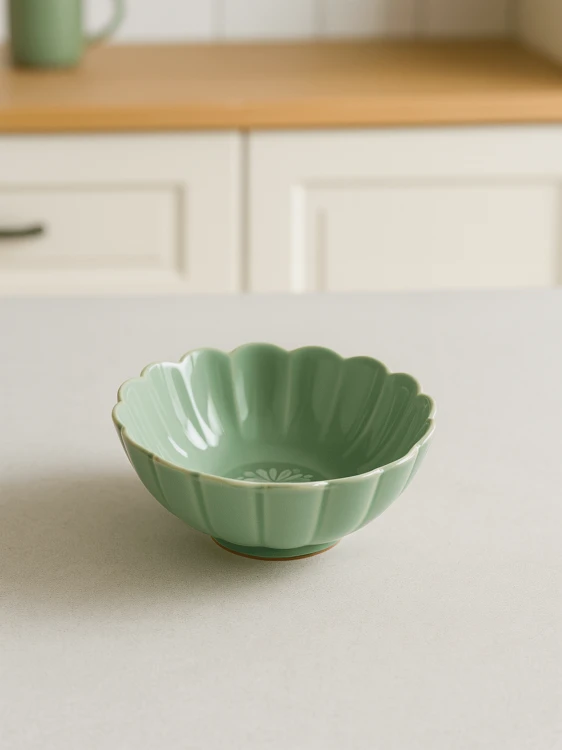 Ceramiczna, szkliwiona miseczka w kolorze szałwiowej zieleni o kształcie kwiatu stoi na jasnym blacie. Jasna aranżacja kuchenna przedstawia miękko rozmyte białe szafki i drewniany blat w tle.