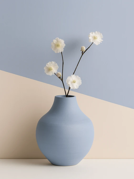 Matowy, jasnoniebieski wazon ceramiczny z delikatną gałązką o białych kwiatach stoi na blacie. na tle dwukolorowej z wyraźnym odcięciem pod kątem pomiędzy beżowym i jasnoniebieskim kolorem.